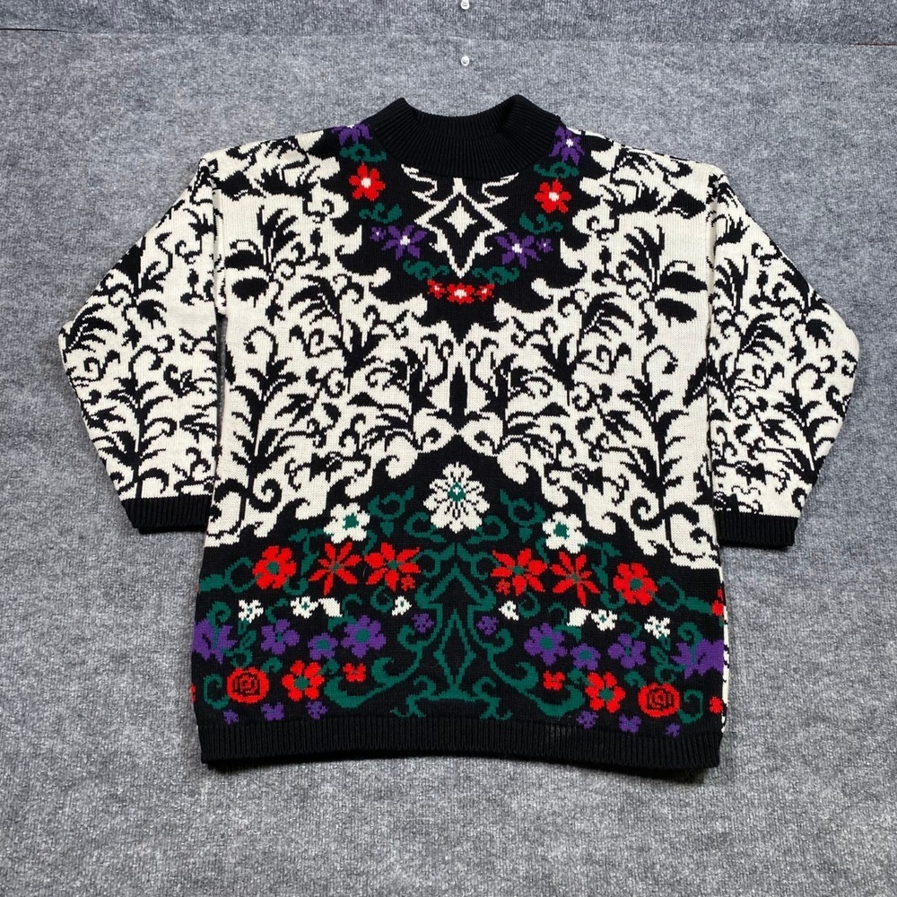 Vintage Court Mens Large Floral Knit Sweater Mock Neck USA Made